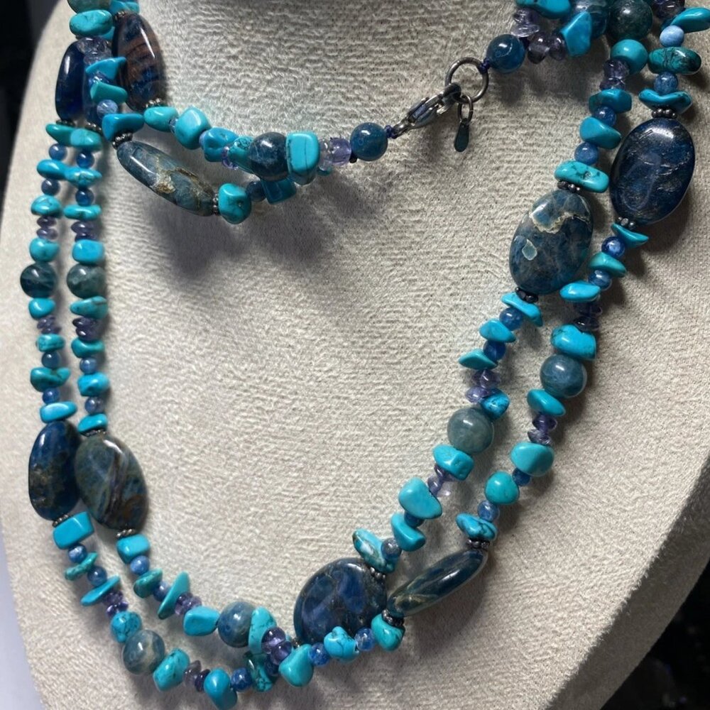 LUC 925 Sterling Silver Natural Apatite Turquoise Amethyst Necklace 56”